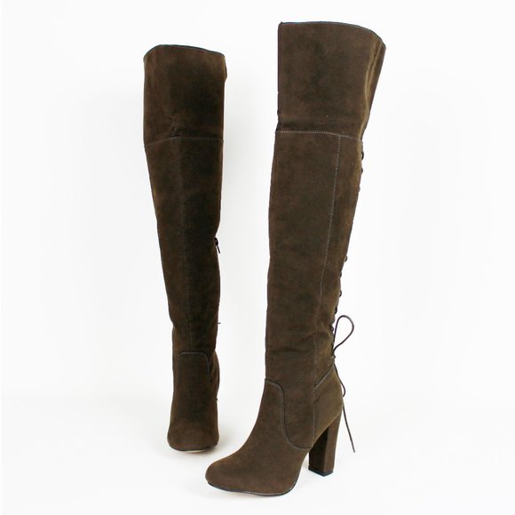 ShoeDazzle Brown Faux Suede Thigh-high Lace-up Boots - Picture 1 of 16